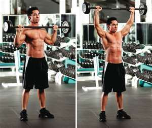 The photo shows the hand position after pulling the barbell upwards and flicking hands under the bar then pressing the bar upwards.