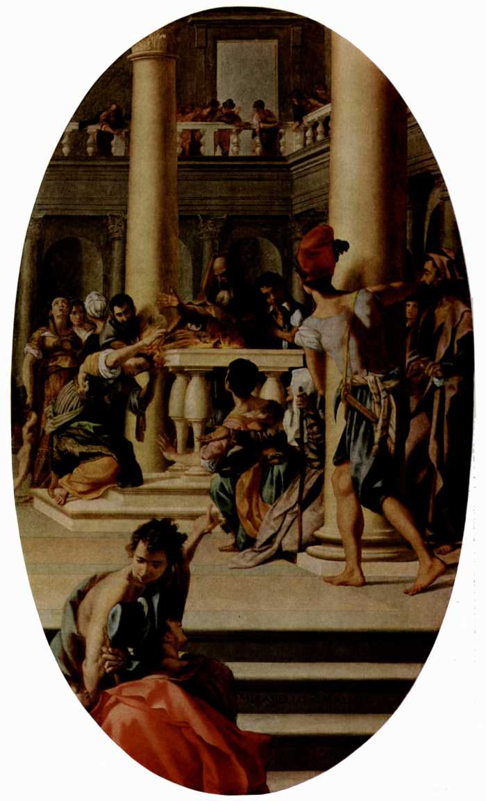 Lavinia at the Altar (ca. 1565) by Mirabello Cavalori, depicting the moment at which Lavinia's hair blazes as an omen of war but ultimate reconciliation.