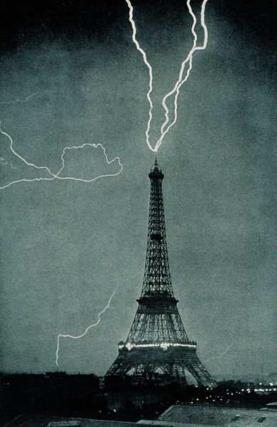 The Eiffel Tower is struck by lightning in this 1902 photo. Ground-to-cloud lightning often originates in tall structures like this.