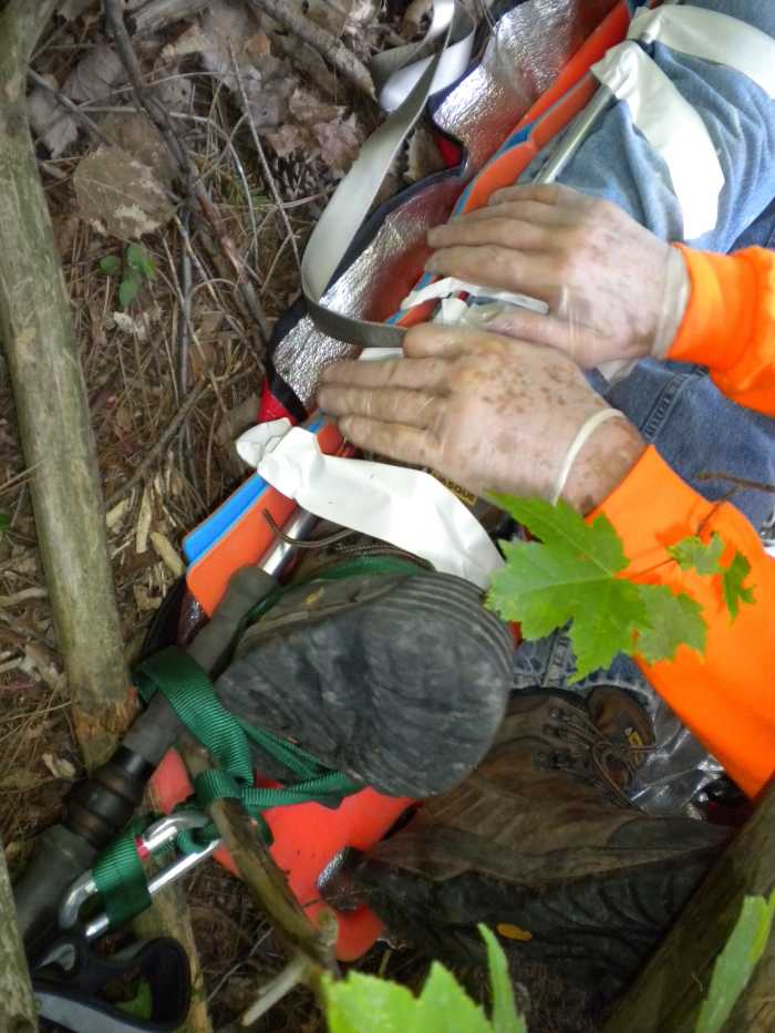 Here during Search and Rescue training, we build a field expedient traction splint with a trekking pole. Improvisation is key with first aid emergencies.
