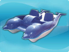 cute pedal boat in the shape of two dolphines in blue and white