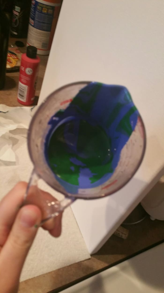 Mix your first color (mine was blue) with your water. Add your second color (mine was green) without mixing it in with the blue.