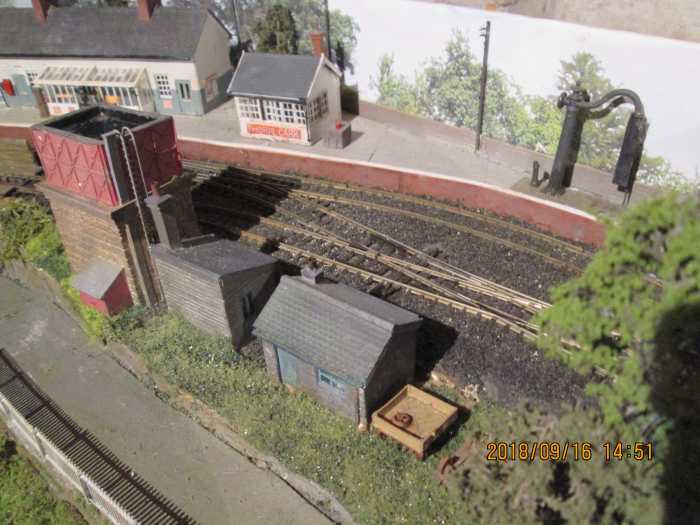 Look the other way for the general arrangement of the station side of the diorama. Telegraph poles painted, vegetation in place, buildings and bridges sited. Only the LNER loading gauge and ground signals to be painted and put in place