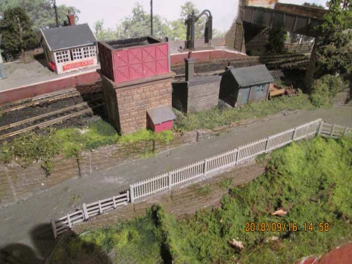 The view over the water tower to the platform end. A Mike's Models NER-style water crane has been added for realism