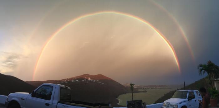 This caption was taken 8 days after a category 5 hurricane that hit the United States Virgin Islands St. Thomas. Hurricane Irma that was known to be the strongest wind speed at 260mph. Then phenomenally a rainbow appeared. Snap rrrrr.ðÂÂÂ
