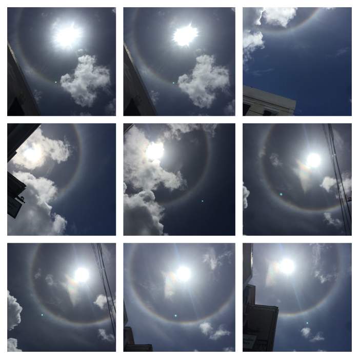 May 3, 2018 Thursday Captured sunbow @11:01am, I was at work, went on a break, look up to get some sun and yeay a SunBow. Fantastic St. Thomas USVI looking up from Main Street.