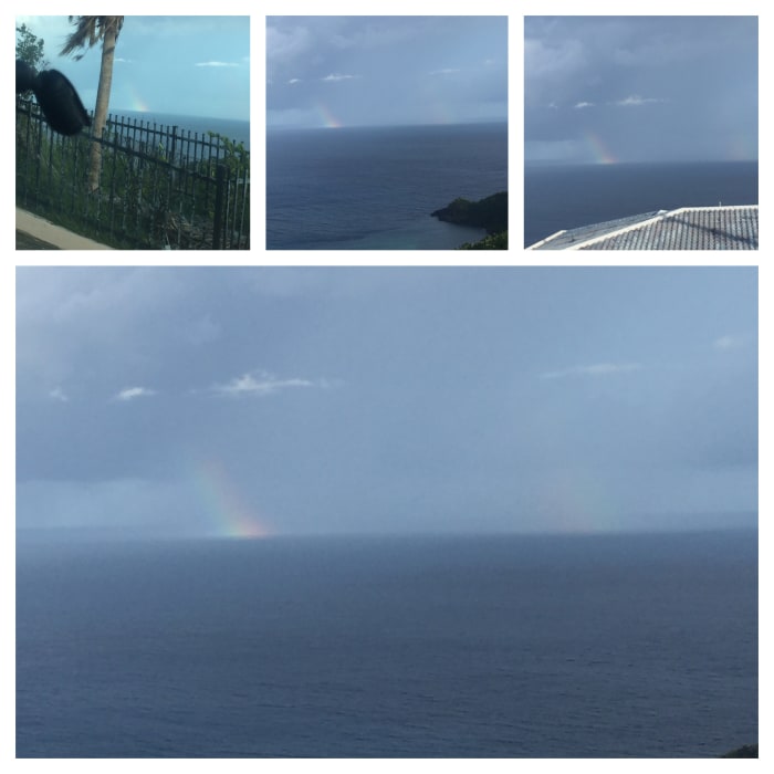 November 5, 2017 @ 8:30am viewing westward of St. Thomas. In the distance is Puerto Rico. A splash of rainbows in the ocean. Great!