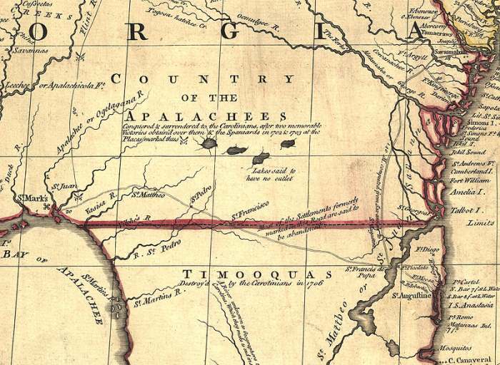 Southeastern Georgia and northeastern Florida, showing the coast between St. Augustine and Charleston, 1757. Image courtesy Wikimedia Commons.
