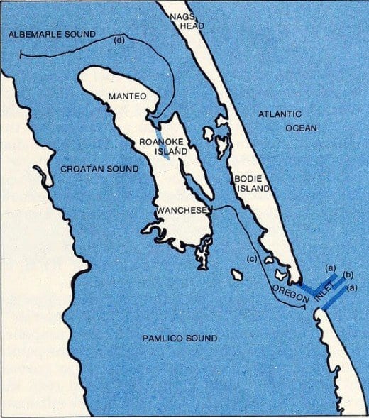 Hatteras Island is at the lower right (southeast) corner of the photo and the island is at least 42 miles long, leading to Cape Hatteras. Arrows and letters a.b.c.d. indicate possible boat or canoe routes. Route 12 extends down to the cape.