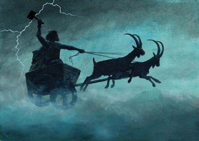 Thor rides his goat chariot - among the names he goes by is 'Charioteer'. In his left hand you can see his hammer, Mjollnir, scattering sparks of lightning