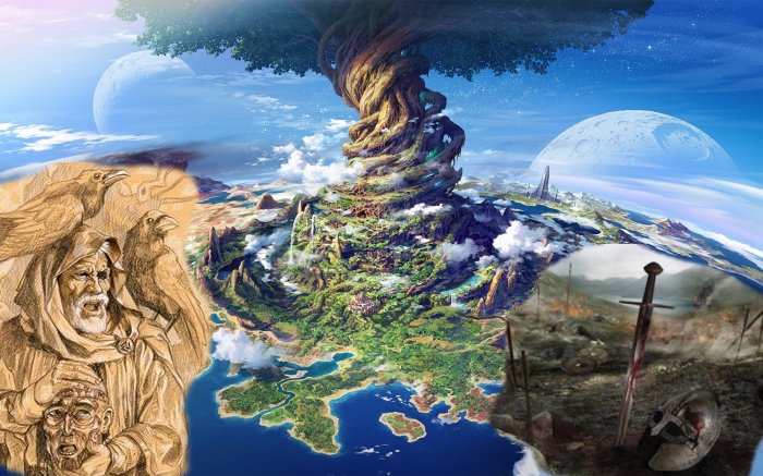 Odin, the Allfather with Yggdrasil the World Ash Tree - the Norsemen and Aengle venerated the ash. On Odin's shoulders are his ravens, Huginn and Muninn (Thought and Memory)