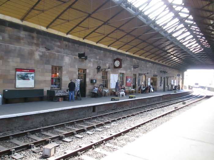 Under the trainshed roof now, a view of the 'up' platform (Malton and York, and at one time Scarborough via Forge Valley and Helmsley via Kirkbymoorside - pron. 'Kirbymoorside)