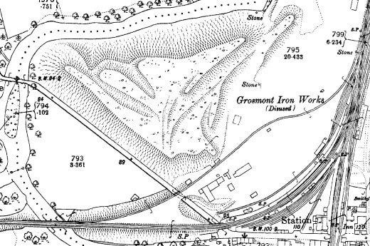 Not a lot of people know this, there was an iron works on the other side of the line from Whitby to Battersby was an iron works. Here's a section from the Ordnance Survey of the 1890s, the land now occupied by the overflow car park