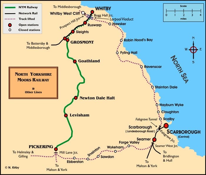 A schematic map of North Yorkshire's extant railways inland from Whitby and Scarborough