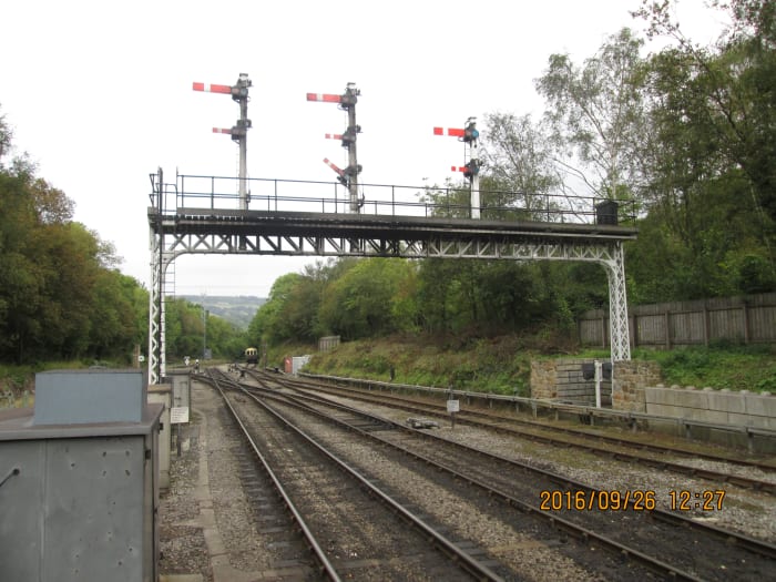 ...And Falsgrave's signal gantry from Scarborough with a few less 'dolls' guards the northern exit from the NYMR towards Whitby