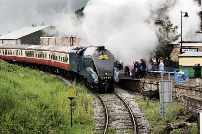 Preserved LNER A4 4464 'Bittern' heads a train of WR carriages out of Bedale in late May, 2014 (picture by Stuart Boulton) after the 'A4 Reunion' at 'Locomotion' Shildon