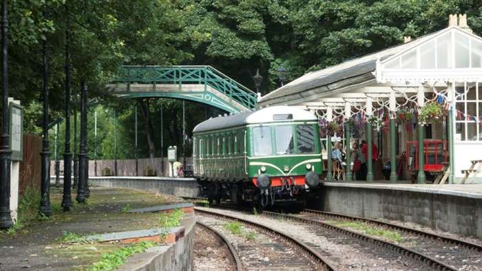 A Heritage Diesel railcar stands at Stanhope's main platform. Most of the branch is single track except for some stations