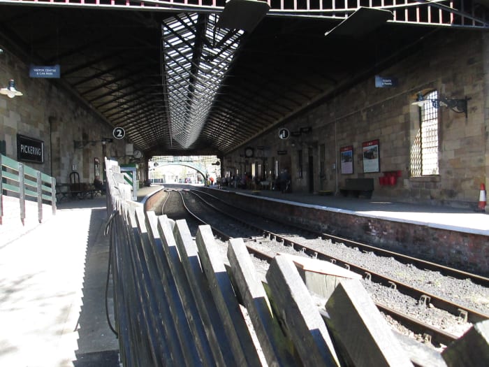 Pickering, the 'down' platform where trains came in for Grosmont and Whitby - with its overall roof, as originally designed by G T Andrews in the mid-1850s
