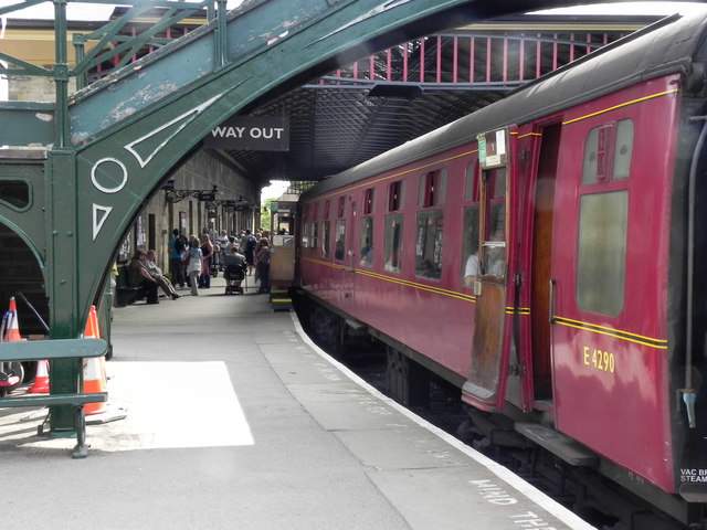Pickering Station - a rake of British Railways' Eastern Region C1 carriages in post-1956 maroon livery awaits its locomotive for the next return working north to Grosmont or Whitby