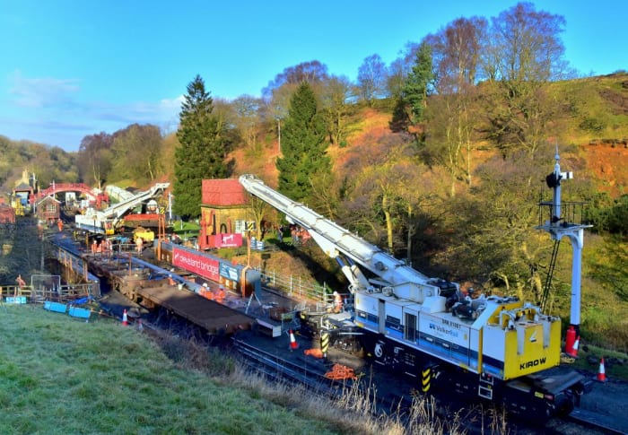 CB&EL brought in hired VolkRail cranes after a 'dry run', assembling the newly engineered bridge units at their factory before delivering them to Middlesbrough Station. The old sections were taken out - see below - and need to be replaced by Apri