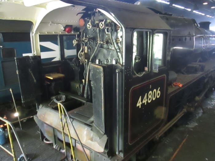 BR Midland Region Class 5 4-6-0 awaits repair in the workshop at Deviation Shed - nicknamed 'Black Five', these Stanier locomotives were the LMS version of the LNER B1 4-6-0 nicknamed 'Bongos' (mostly named after African antelopes)'