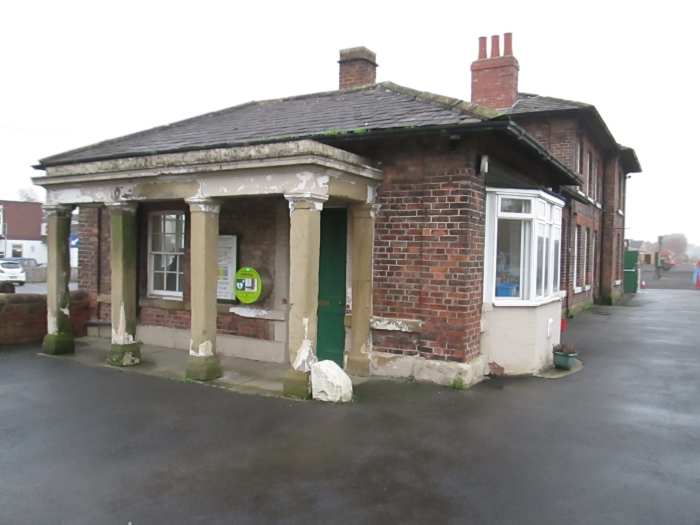 Leeming Bar Station, the portico faces the road, at the right is the platform, left is the station yard and car park. A recent restoration project gave the building a welcome 'facelift' and interior rejuvenation.