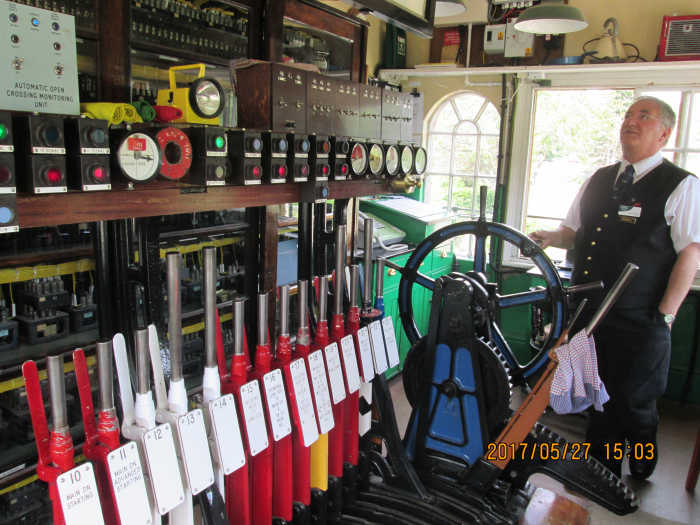 On the operating floor, manual signal levers and gate wheel vie for space with 21st Century signalling technology. The volunteer signalman explains the functions to the three of us allowed access at a time (North Eastern Railway Association members)