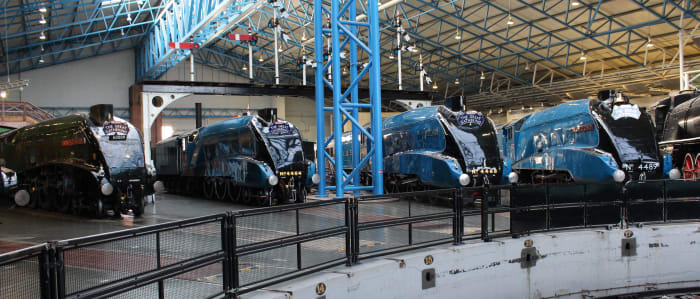 The Great Gathering - a bevy of Class A4 Pacifics beside the 70' turntable, installed at the time the building was part of York North loco shed