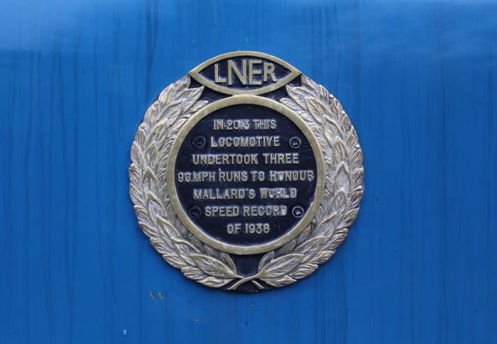 Mallard plaque attached to her boiler casing records the date and speed she achieved her record run in 1938, logged by Westinghouse technicians immediately behind the loco in...