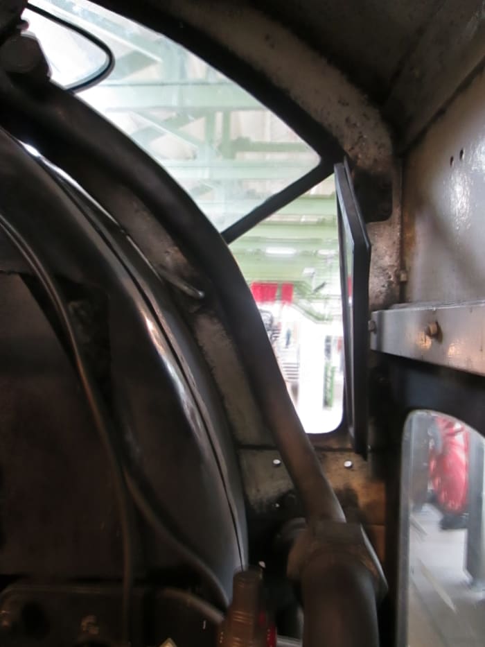 Driver's eye-view of the way ahead. The front aspect was a split window with adjustable glass panels for extra ventilation.