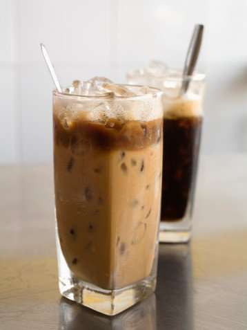 icy milky coffee and ice black coffee