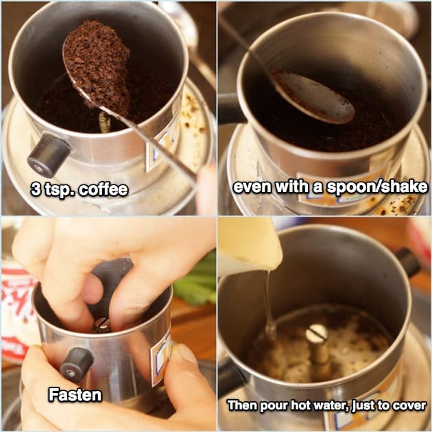 Place the cup to the bowl cover with hot water, add 3 tsp coffee into the filter, even the surface with a spoon or/and shake, then fasten, a bit loose, and pour hot water just to cover the coffee.