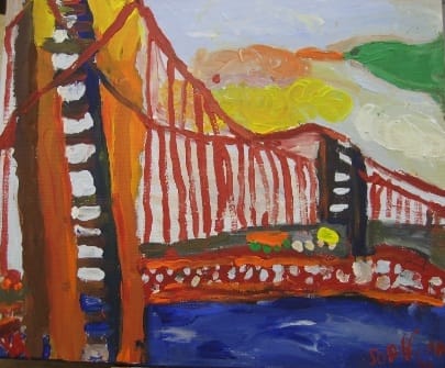 What better way to engage children then to have them paint something that is in their surroundings? Kids in the San Francisco Bay area can draw inspiration from landmarks like the Golden Gate Bridge. This painting was done in oil.