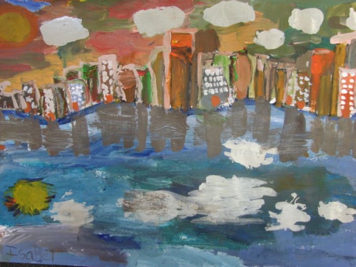 Another painting drawn with the inspiration coming from a local site - the San Francisco Bay skyine. This childs interpretation through a painting class will be different from his or hers neighbors painting. No two paintings are alike!