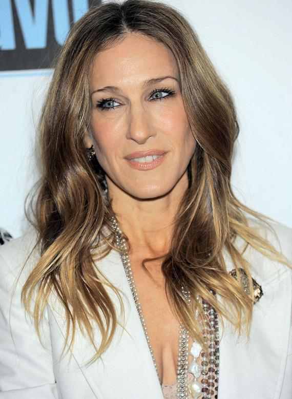 Sarah Jessica Parker with dark ash blonde hair color, slightly wavy and center-parted. Celebrities with dark ash blonde hair color.
