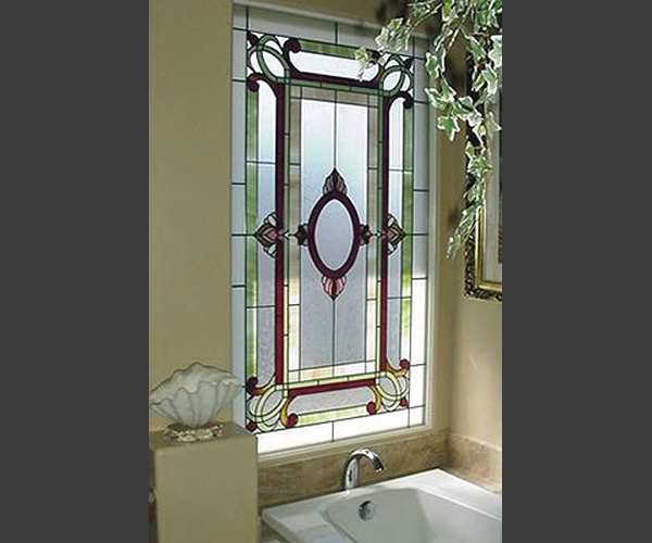 colorful glass leaded glass window in the bathroom makes a distinctive style statement