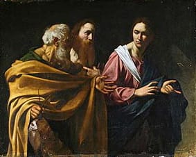 The Calling of Saints Andrew and Peter by Caravaggio. The two older people in the painting are the artist's depiction of Peter and Andrew. Peter is the older one with the grey hair and Andrew is the other bearded man.