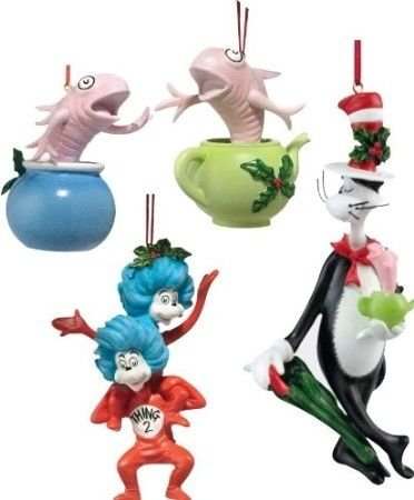 The Cat In The Hat Christmas Ornaments Will Satisfy Cat Lovers And Fans Of Dr Seuss! This Set Comes With The Cat In The Hat, Thing 1 and Thing 2, Fish in the Bowl, Fish in the Tea Pot - This 4 Pc Set Will Decorate Your Tree With Whimsy and Fun - Per
