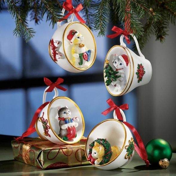 Tea Drinking Cat Lovers Will Be Thrilled With This 4 Pc. Cat Ornament Set. The Kittens Are In The Teacups All Ready To Hang From Your Christmas Tree Or Holiday Wreath From Their Red Ribbons. Image Credit: Amazon