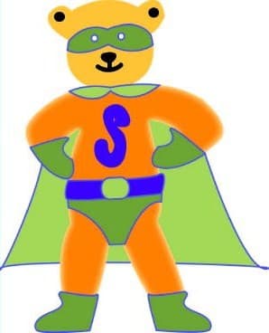 This shows Beth's rough sketch and colored version of the same toy. Where can I get one of these Super Hero Teddy Bear Action Figures for myself!?