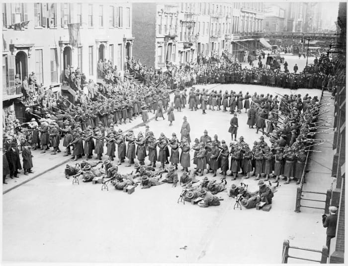 American soldiers in a square formation. Similar to infantry squares defending against cavalry charges.