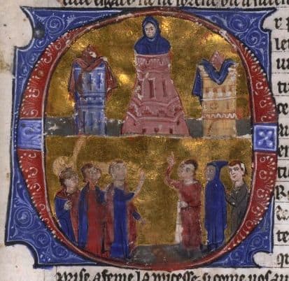An illustration of Reynald de Chatillon torturing Patriarch Aimery of Antioch dating from the 13th century.
