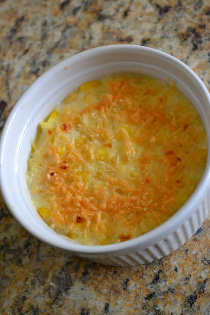 Place the cream corn under the broiler for a few minutes -- just until the Parmesan topping is golden brown.