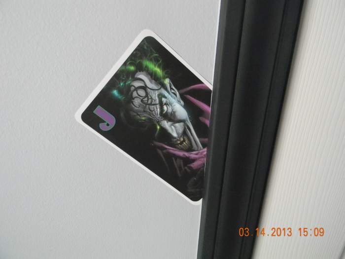 This shows the Joker card that was designed on the computer and attached using the DIF wallhanging adhesive. The calling card of the main arch enemy of Batman.