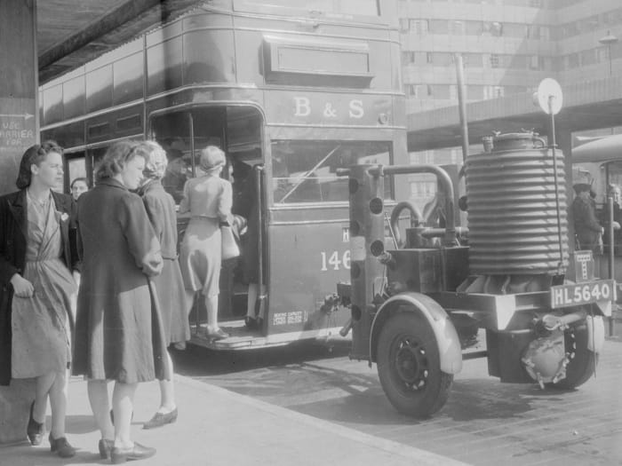 With petrol and diesel scarce buses ran on hydrogen and a mix of other gases created by a coal burning generator towed behind. This was known as "Producer Gas"