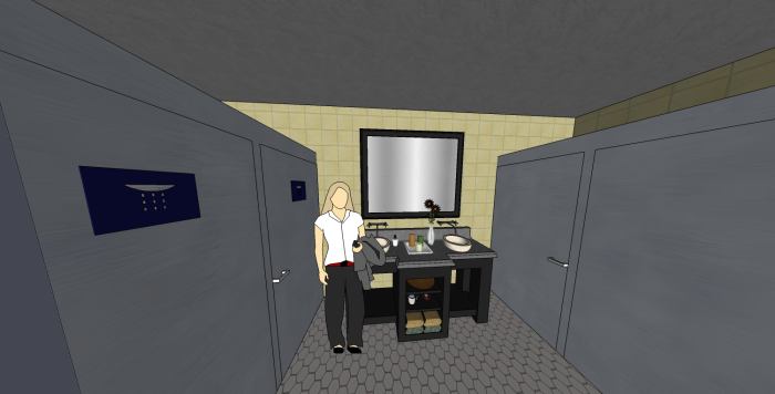 The bathroom is designed as a shared space, but they are plentiful enough for waiting to not be a problem.