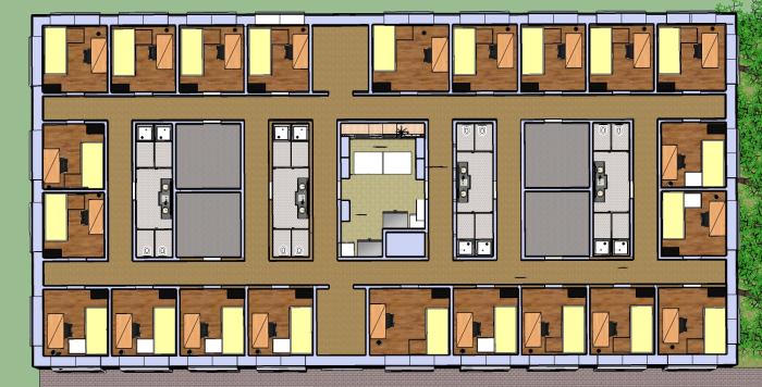 A colored-in floor plan of the SRO hotel. The design is meant to offer equitable access to the kitchen, restroom facilities, and public rooms. The unique design offers an efficient use of space as well as maximum privacy.
