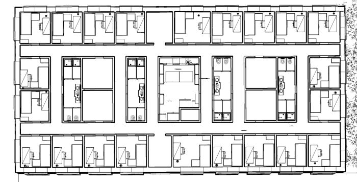Top floor plan view. Hall ways are 3 1/2' and wide enough to allow two people to walk by each other. The layout, with a communal kitchen in the middle, washrooms and multi-purpose rooms on either side centered as well, allows equitable access to comm