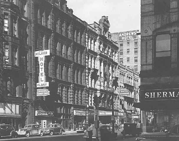 An example of an old Minneapolis street with SRO hotels, which was destroyed during the urban renewal of the 1960s.