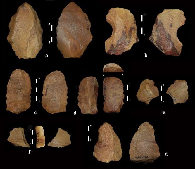 Retouched blanks from MES11: a, g) points, b) notch, c) endscraper, d) truncated piece, e) borer, f) sidescraper.